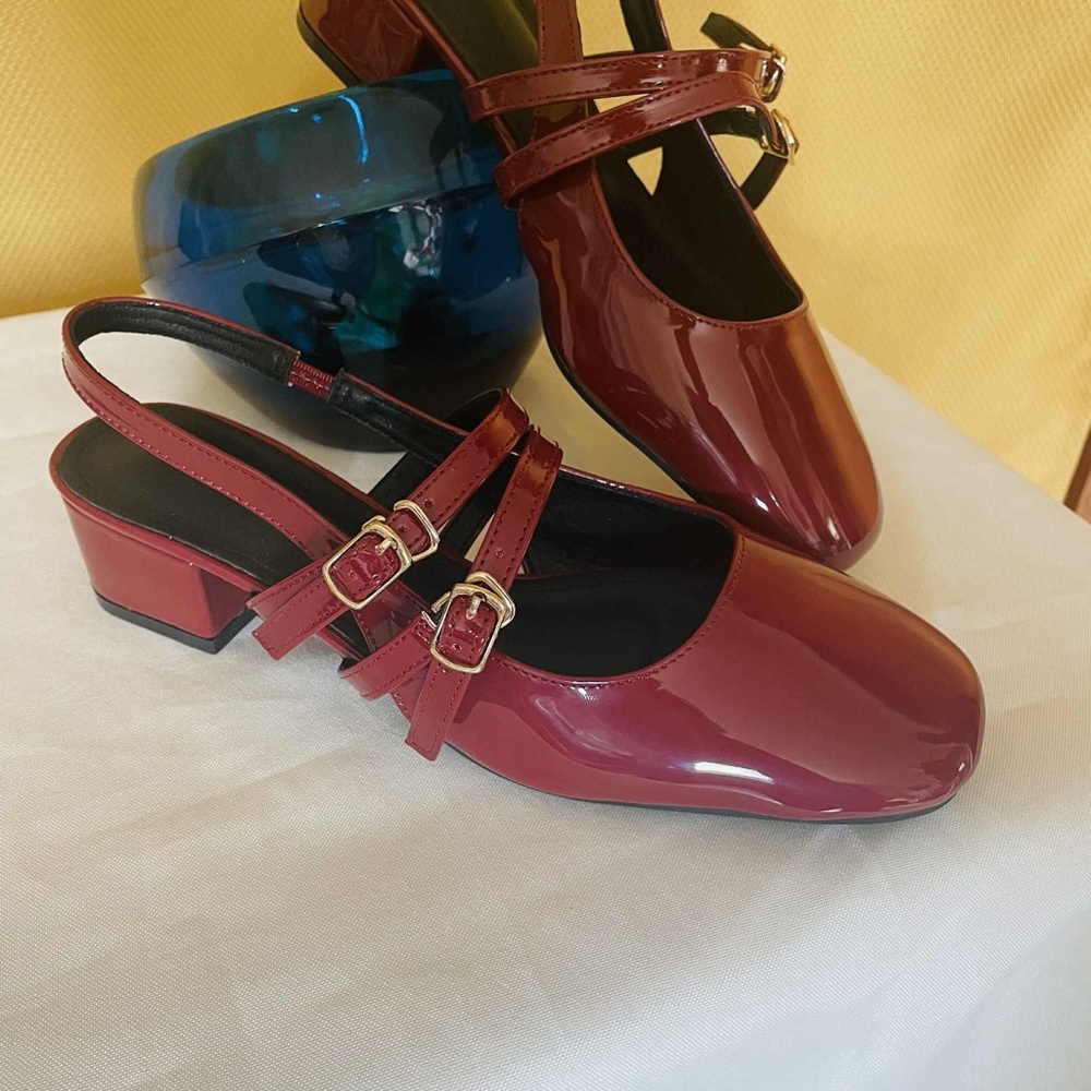 Burgundy Red Patent Leather Slingback Mary Jane Block Heels Shoes Retro 7 1/2
